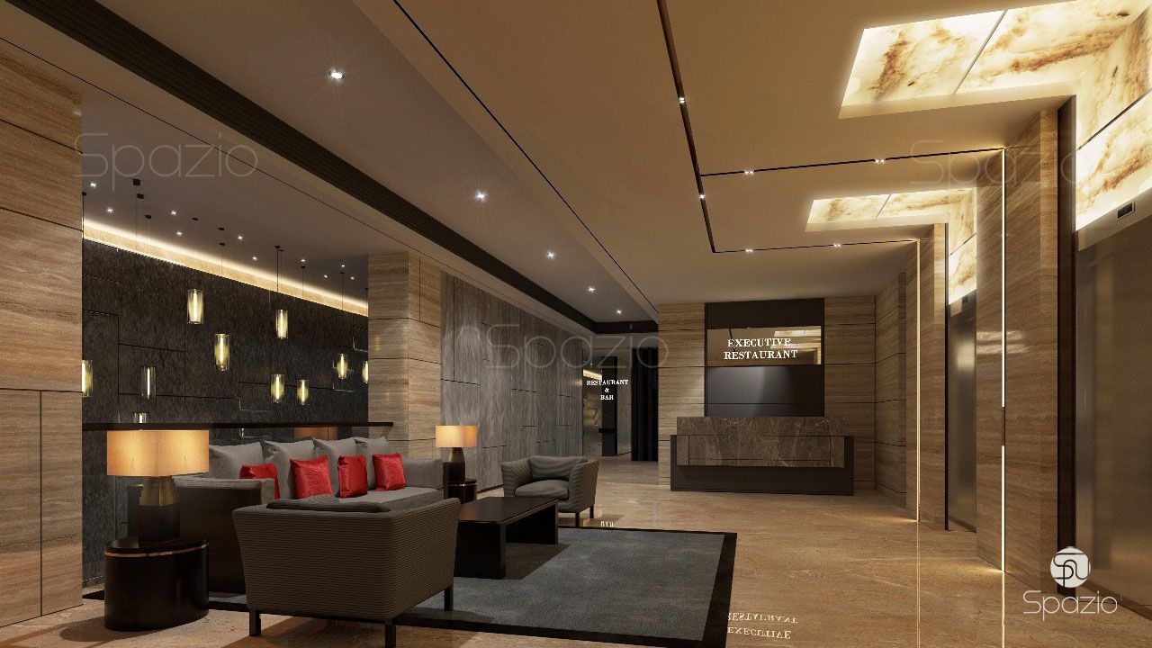 luxurious modern entrance to the lounge with a bar is performed with high-quality materials and sophisticated decor