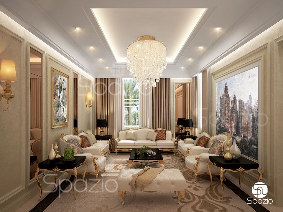 Classical sitting room built with modern materials, including modern stucco molding