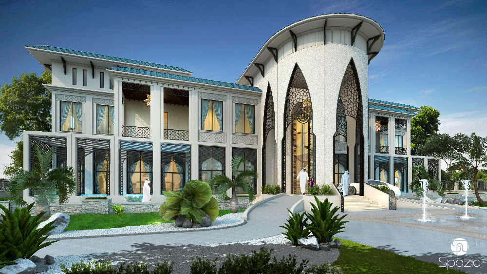 New classic Arabic villa exterior design with Arabian arches and decorations in Dubai