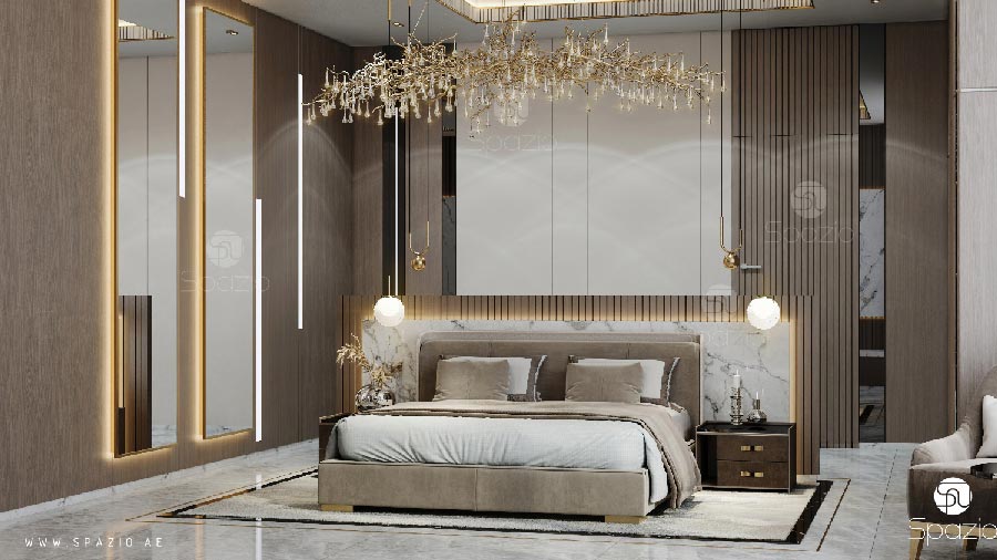 Modern elegant style master room with a king size bed and wood claddings headboard
