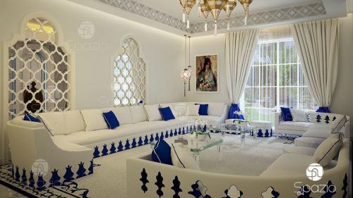 Magnificent and elegant design for the Majlis combining white and blue. The room is filled with light and the atmosphere of the room. Ideal for women's seating.